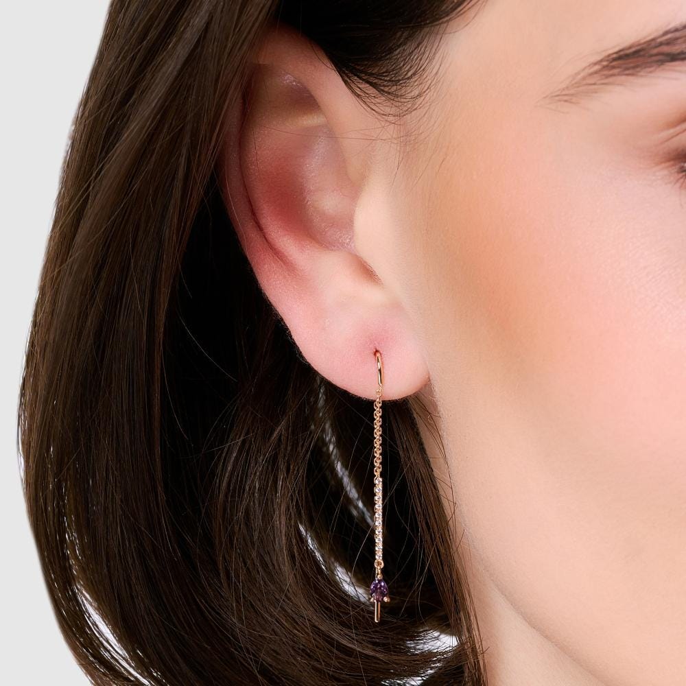 Solid Gold Gemstone Threader Earrings, Diamond Bar Drop.