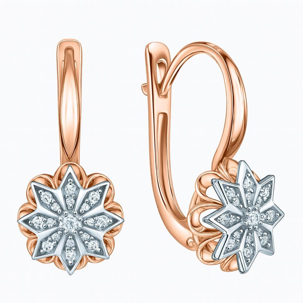 Solid Gold Diamond Snowflake Earrings | Two-Tone Floral Jewelry