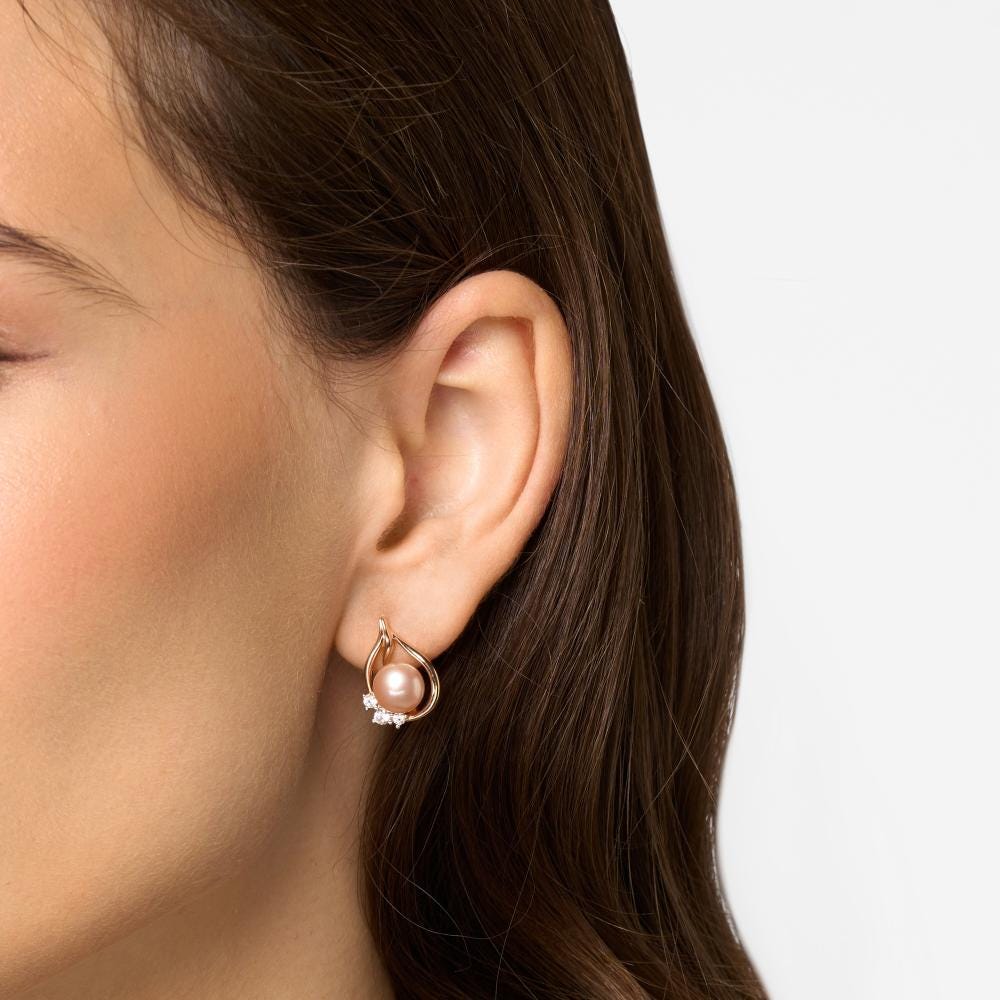 Solid Gold Pink Pearl Earrings, Lab Grown Diamond Hoop, Teardrop Design.