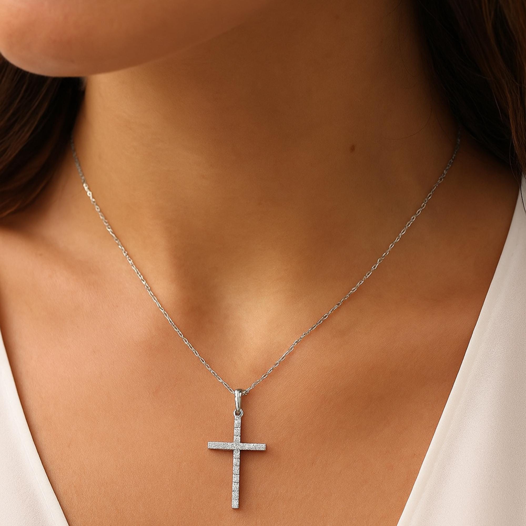 Solid Gold Lab Diamond Cross Pendant, Sterling Silver Chain.