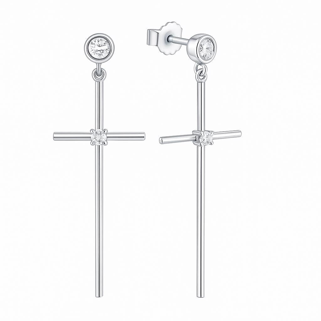 Solid Silver Cross Drop Earrings | Lab Grown Diamond Faith Jewelry