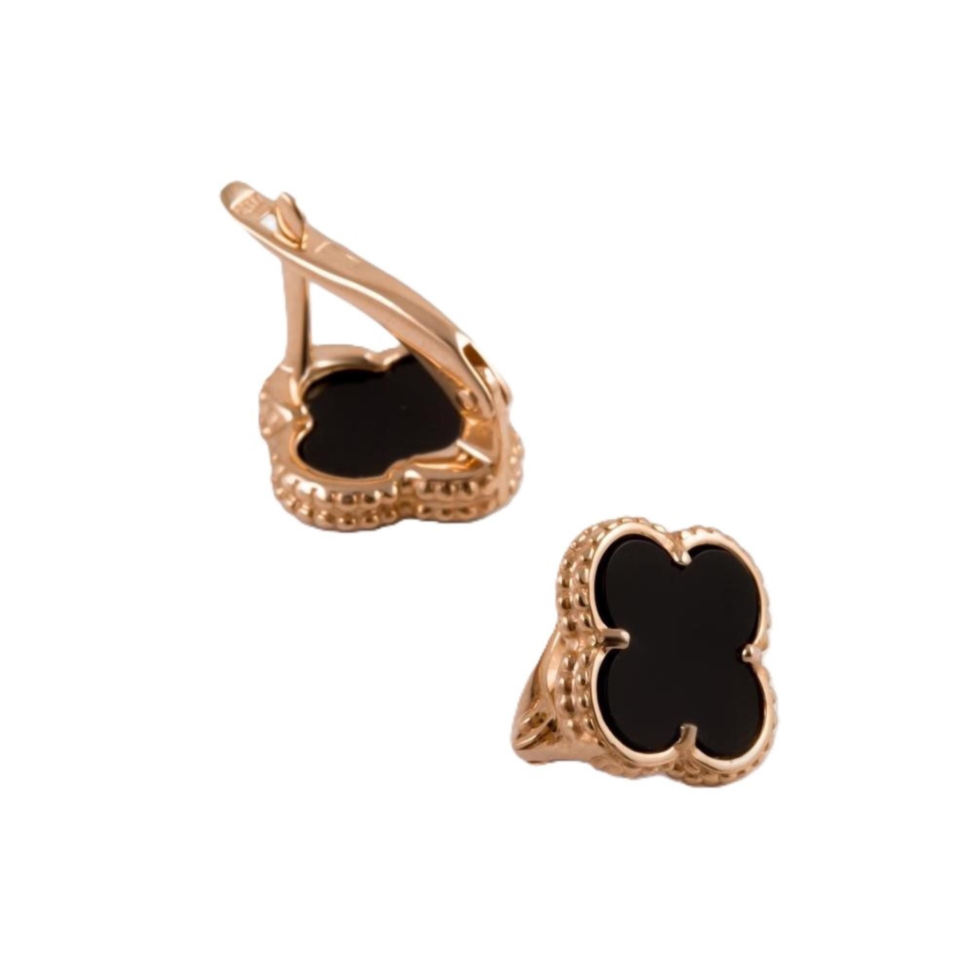 Solid Gold Black Enamel Clover Hoop Earrings, Luxury Four-Leaf Design.