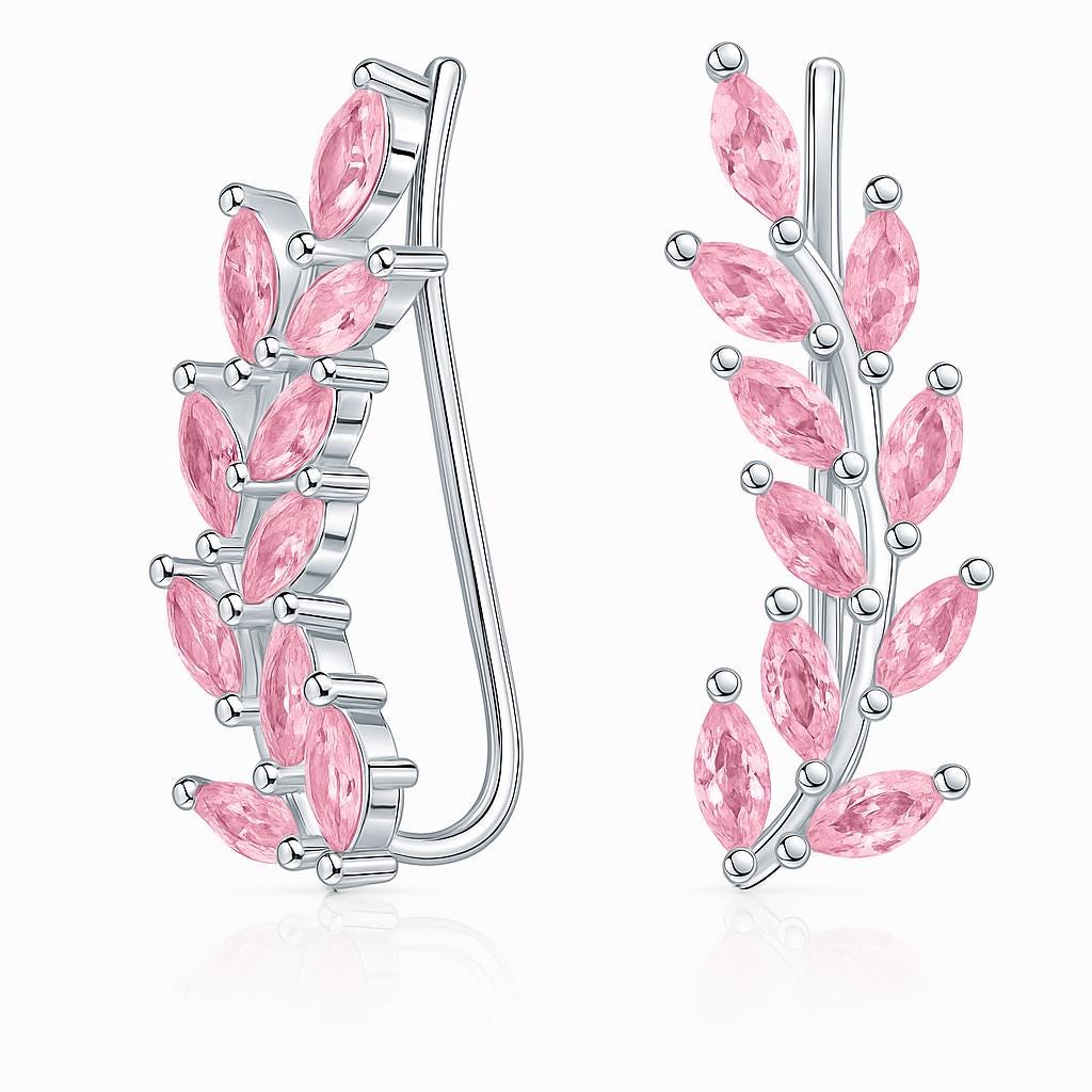 Pink Leaf Climber Earrings | Sterling Silver Vine Ear Crawlers.