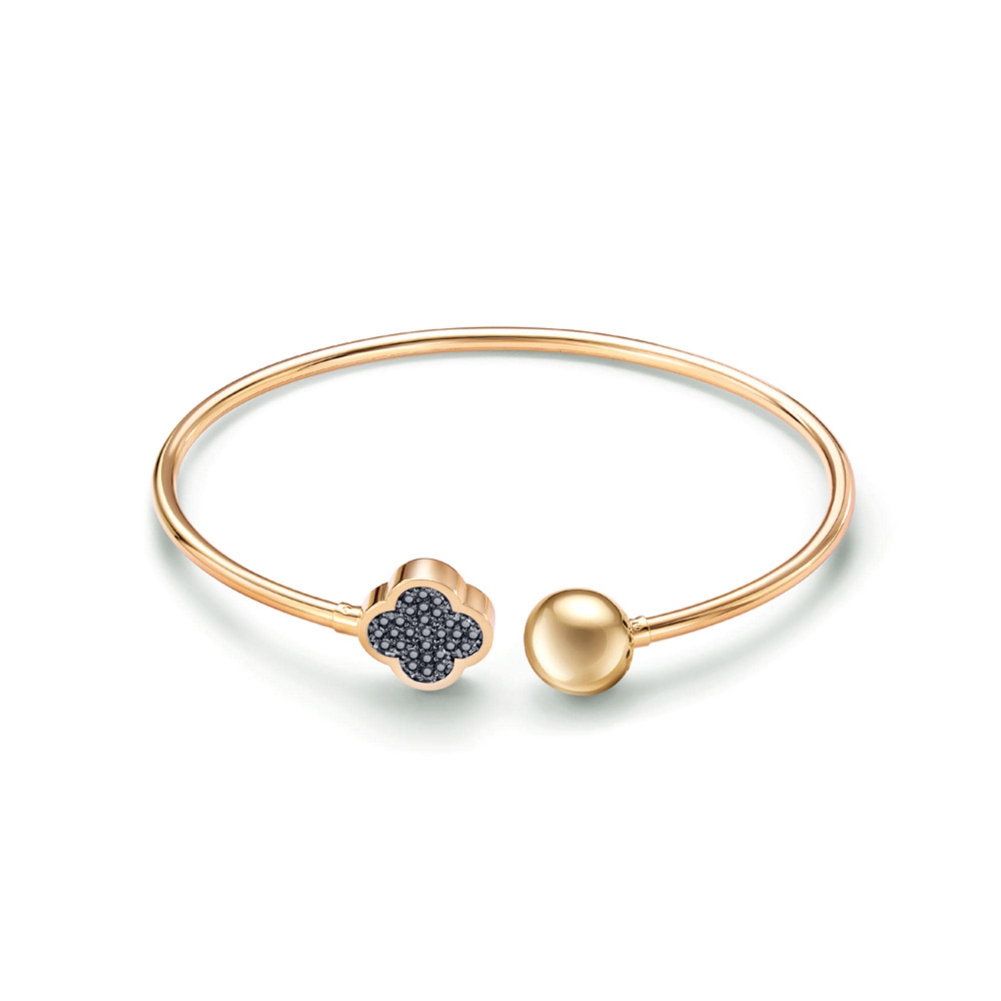 Solid Gold Clover Black Diamond Cuff Bracelet, Open Bangle