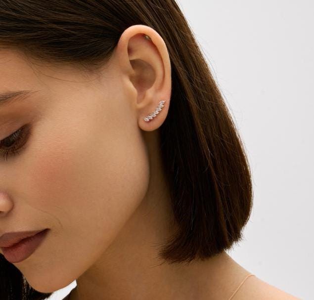 Solid Gold Diamond Climber Earrings, Marquise Cut Climber.