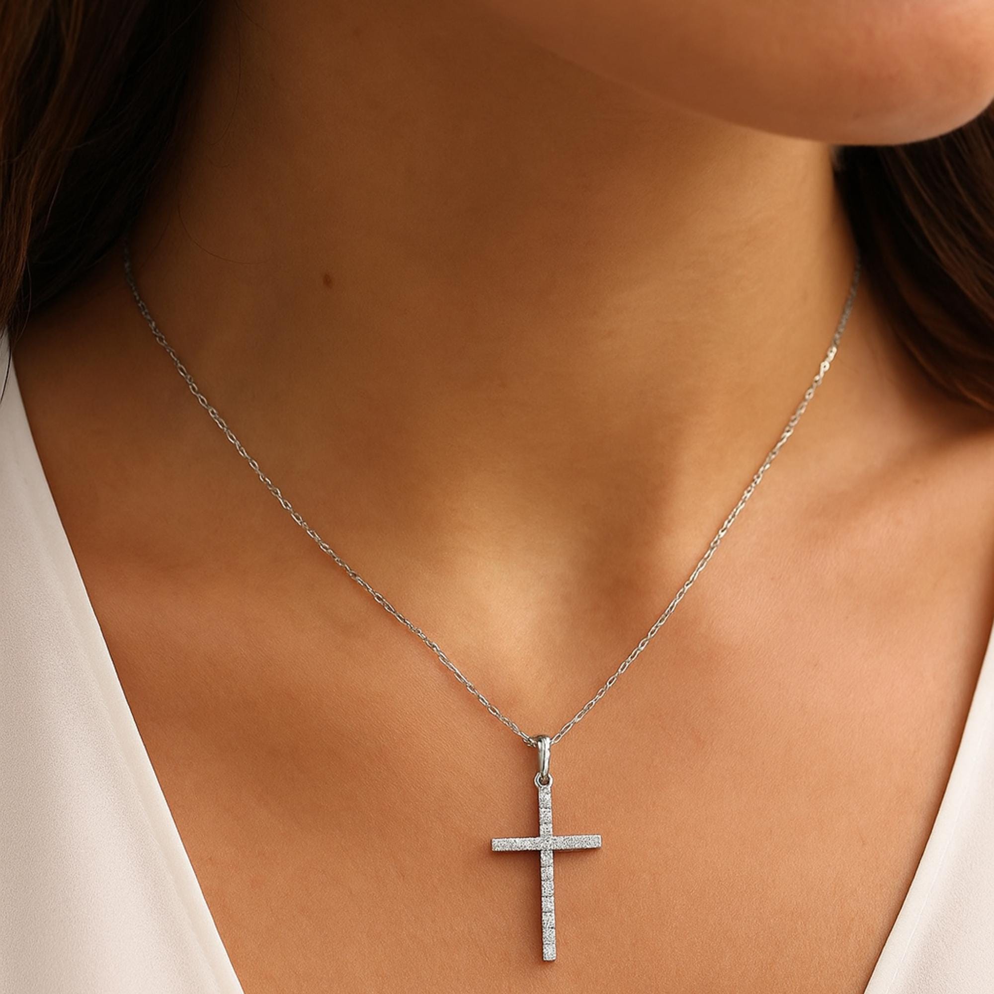 Solid Gold Lab Diamond Cross Pendant, Sterling Silver Chain.