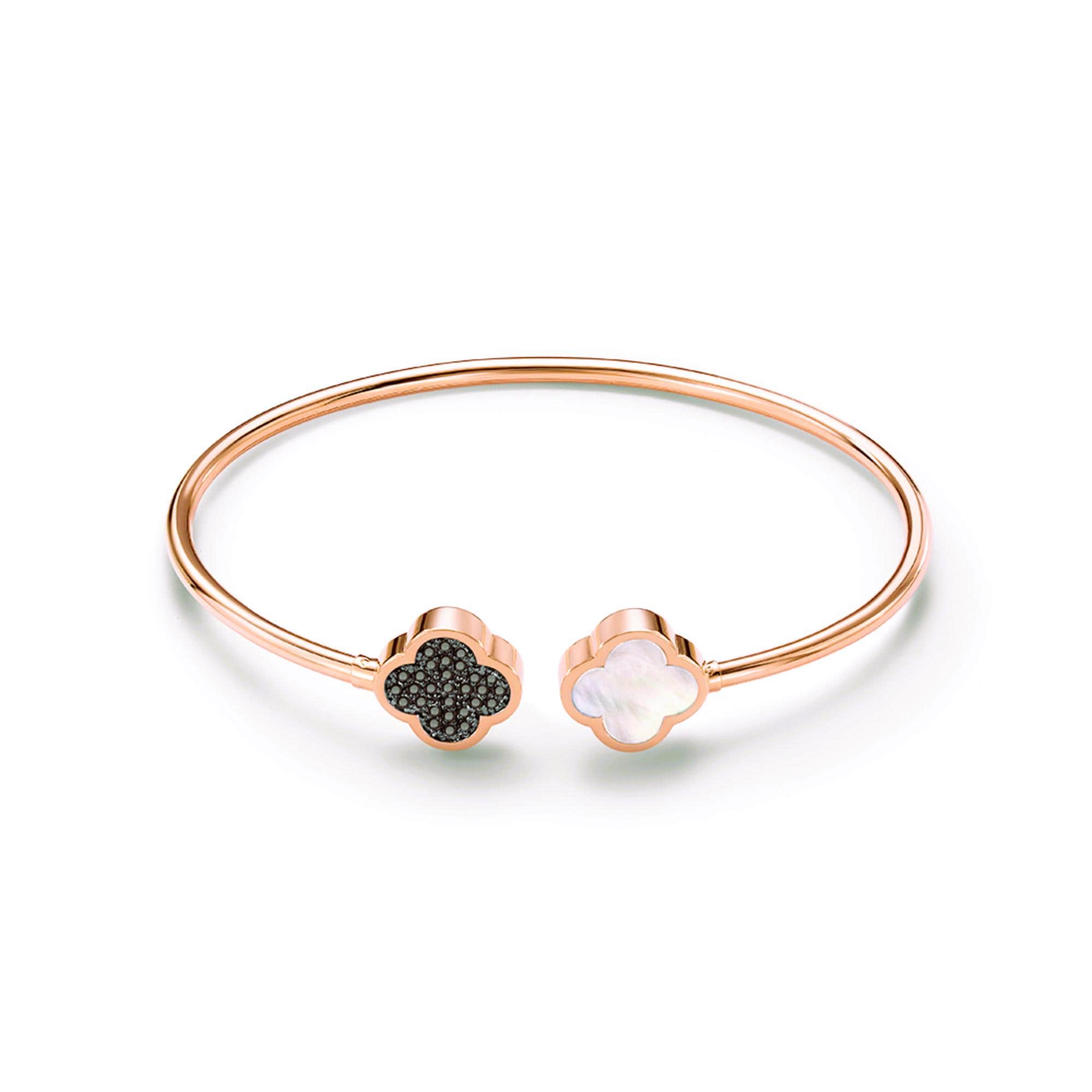 Solid Gold Clover Bangle Black & White Diamond Enamel Cuff