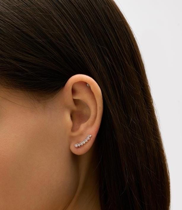 Solid Gold Diamond Climber Earrings, Marquise Cut Climber.