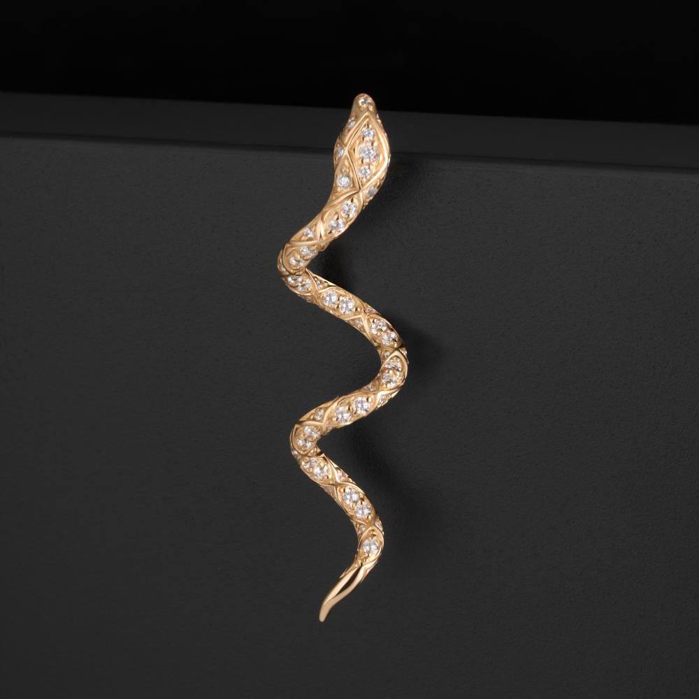Solid Gold Diamond Snake Pendant, Serpent Necklace Charm.