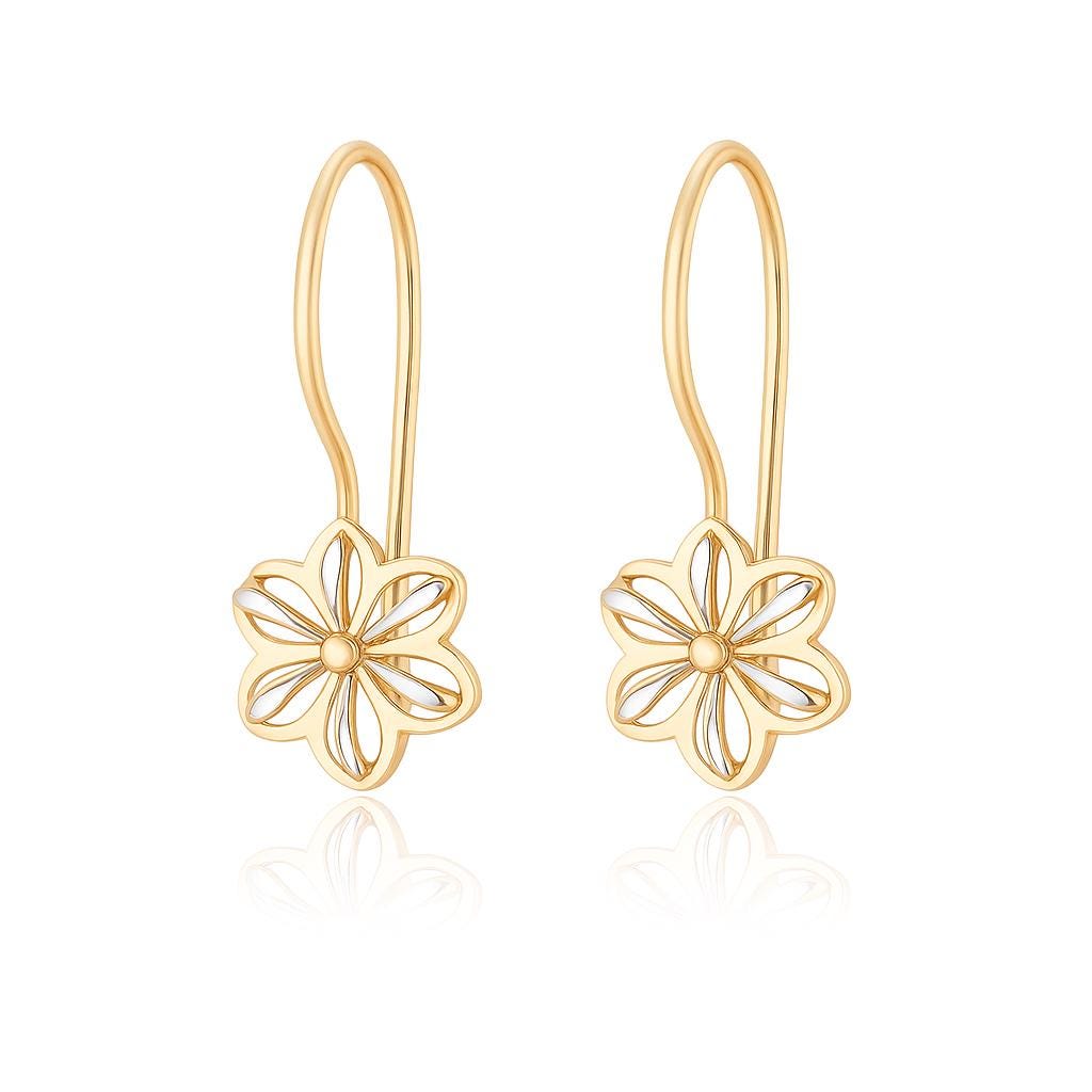 Solid Gold Floral Earrings, Two-Tone Flower Hoop Design.