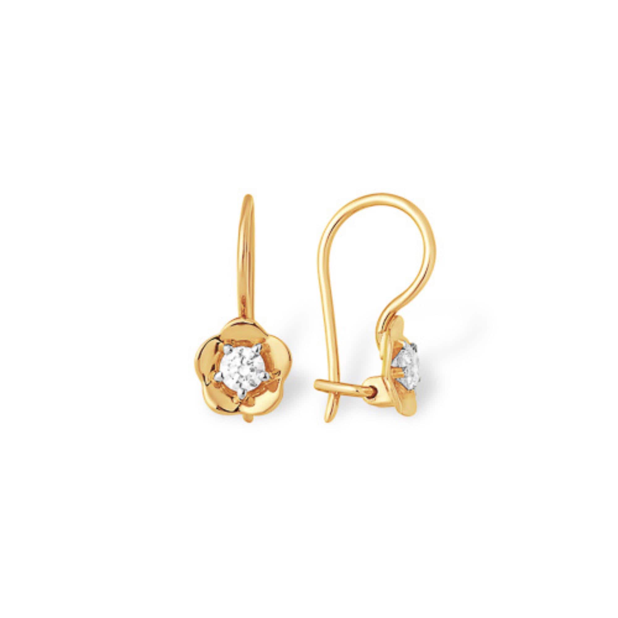Solid Gold Floral Diamond Drop Earrings, Dainty Flower Hook Earrings
