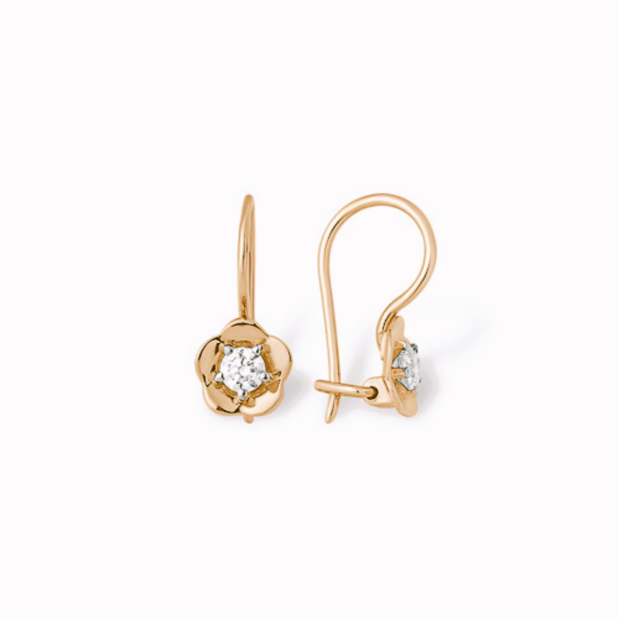 Solid Gold Floral Diamond Drop Earrings, Dainty Flower Hook Earrings