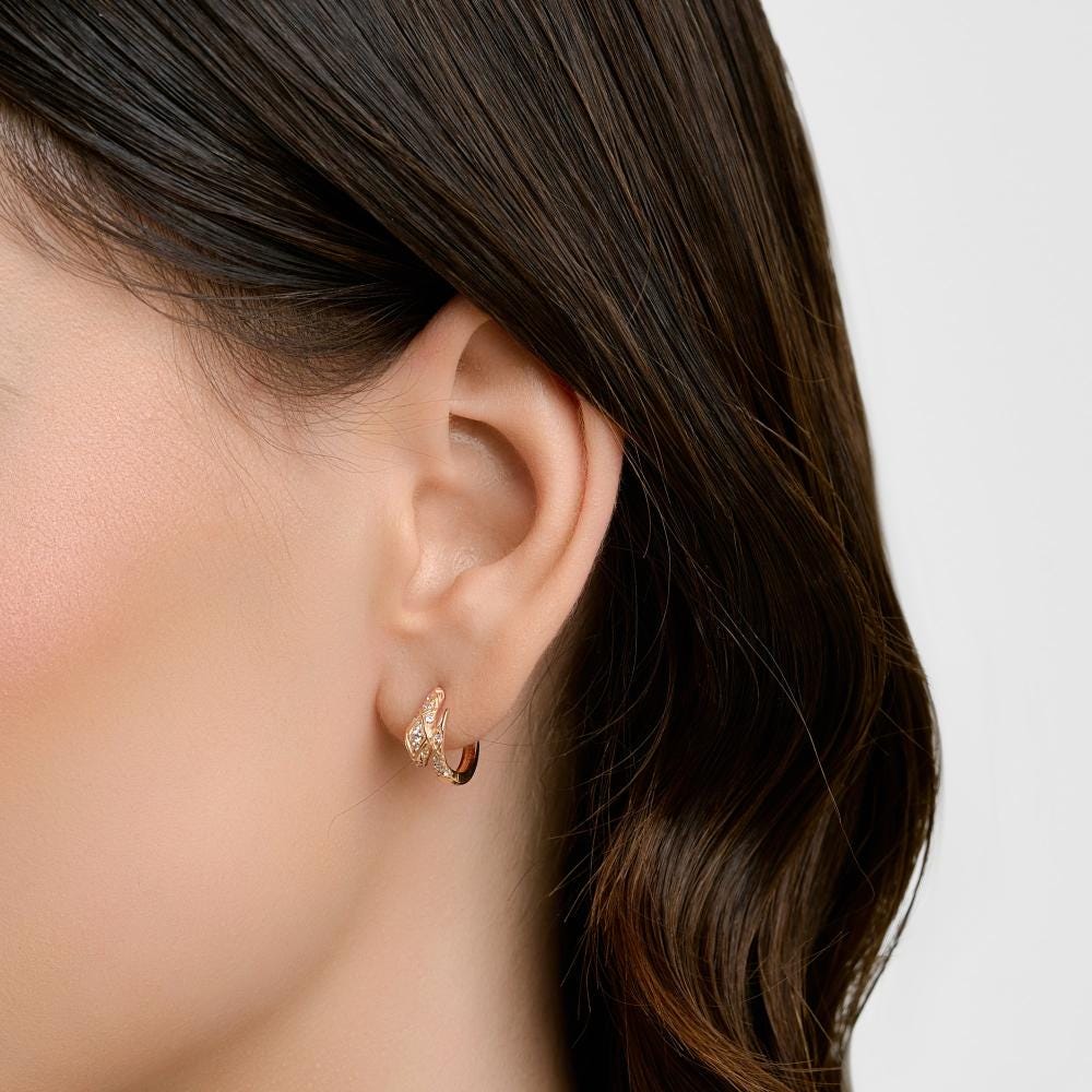 Luxury Gold Twist Hoop Earrings | Leaf-Inspired Diamond Hoops | Modern Fine Jewelry Gift for Her.