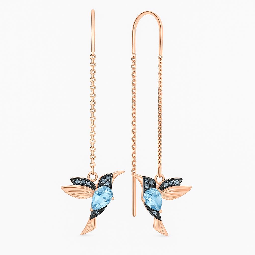Blue Topaz Hummingbird Threader Earrings | Gold Black Enamel Bird Dangle.