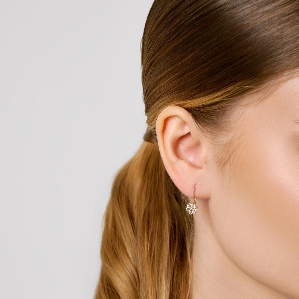 Solid Gold Floral Earrings, Two-Tone Flower Hoop Design.