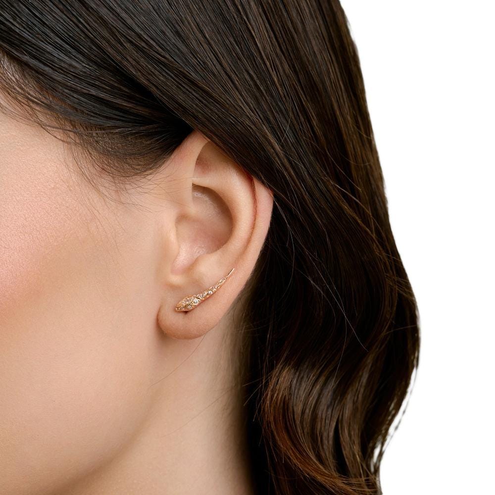 Gold Diamond Snake Climber Earrings, Serpent Ear Crawlers, Elegant Sparkling Wrap Piercing, Modern Fine Jewelry Gift for Women.