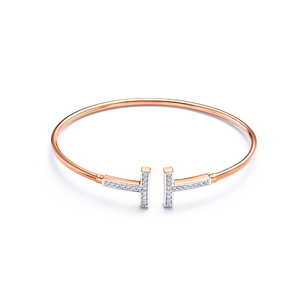 Solid Gold T Bar Diamond Bangle, Minimalist Jewelry.