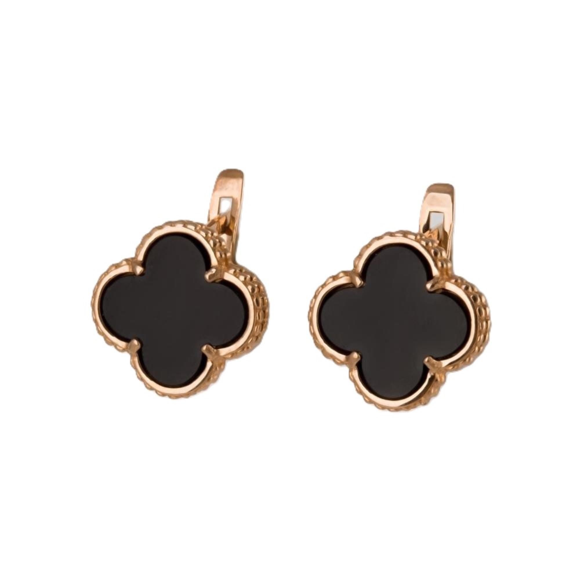 Solid Gold Black Enamel Clover Hoop Earrings, Luxury Four-Leaf Design.