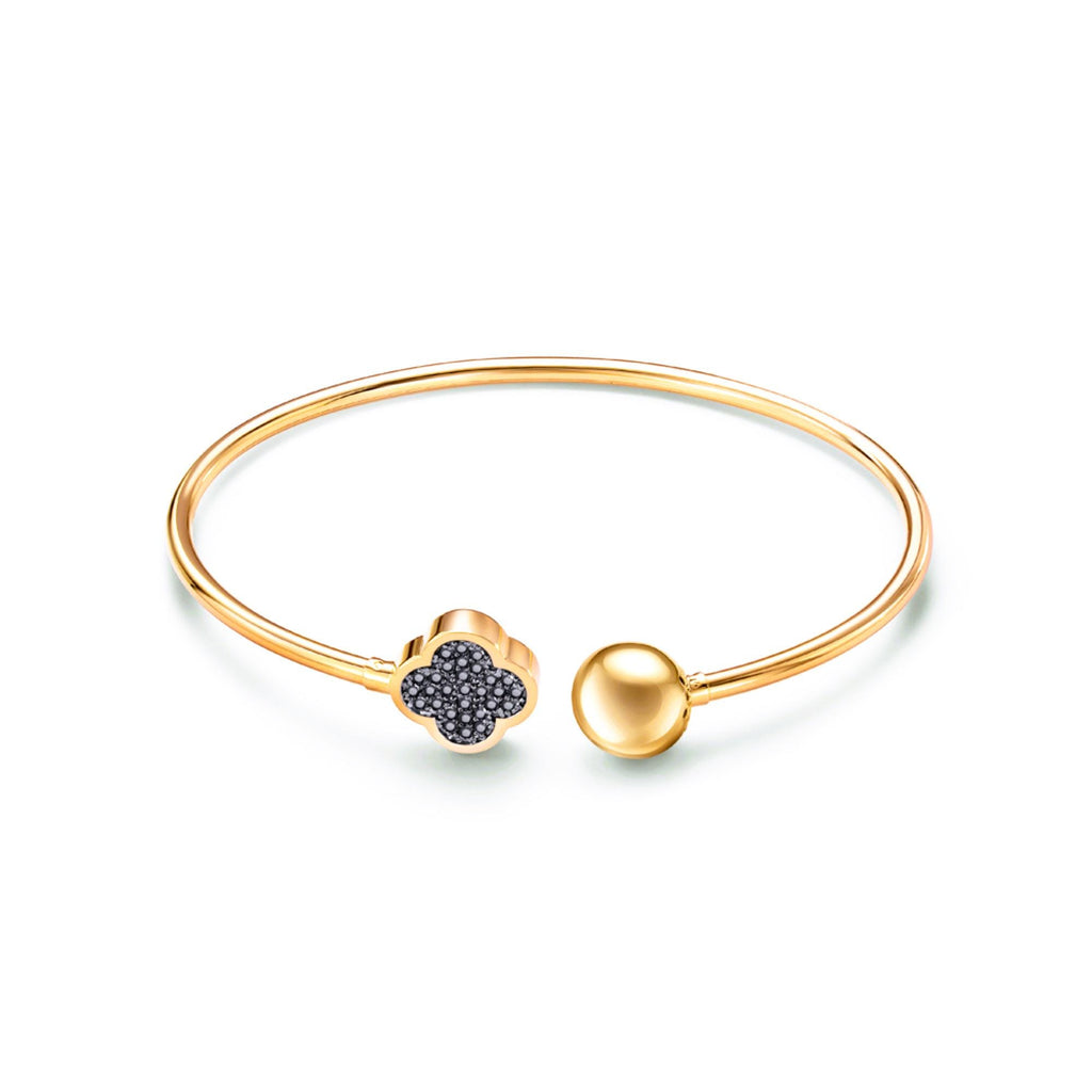 Solid Gold Clover Black Diamond Cuff Bracelet, Open Bangle
