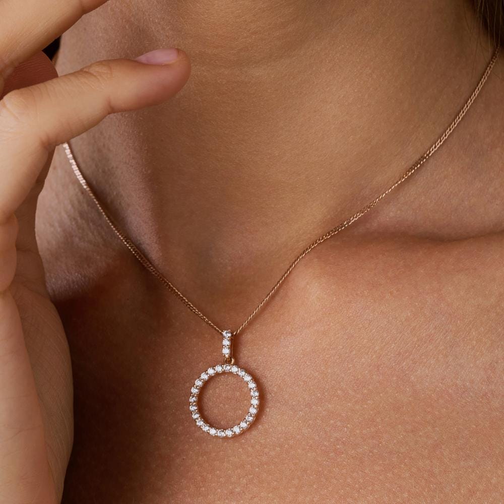 Solid Gold Diamond Circle Pendant, Halo Necklace, Fine Jewelry Gift.