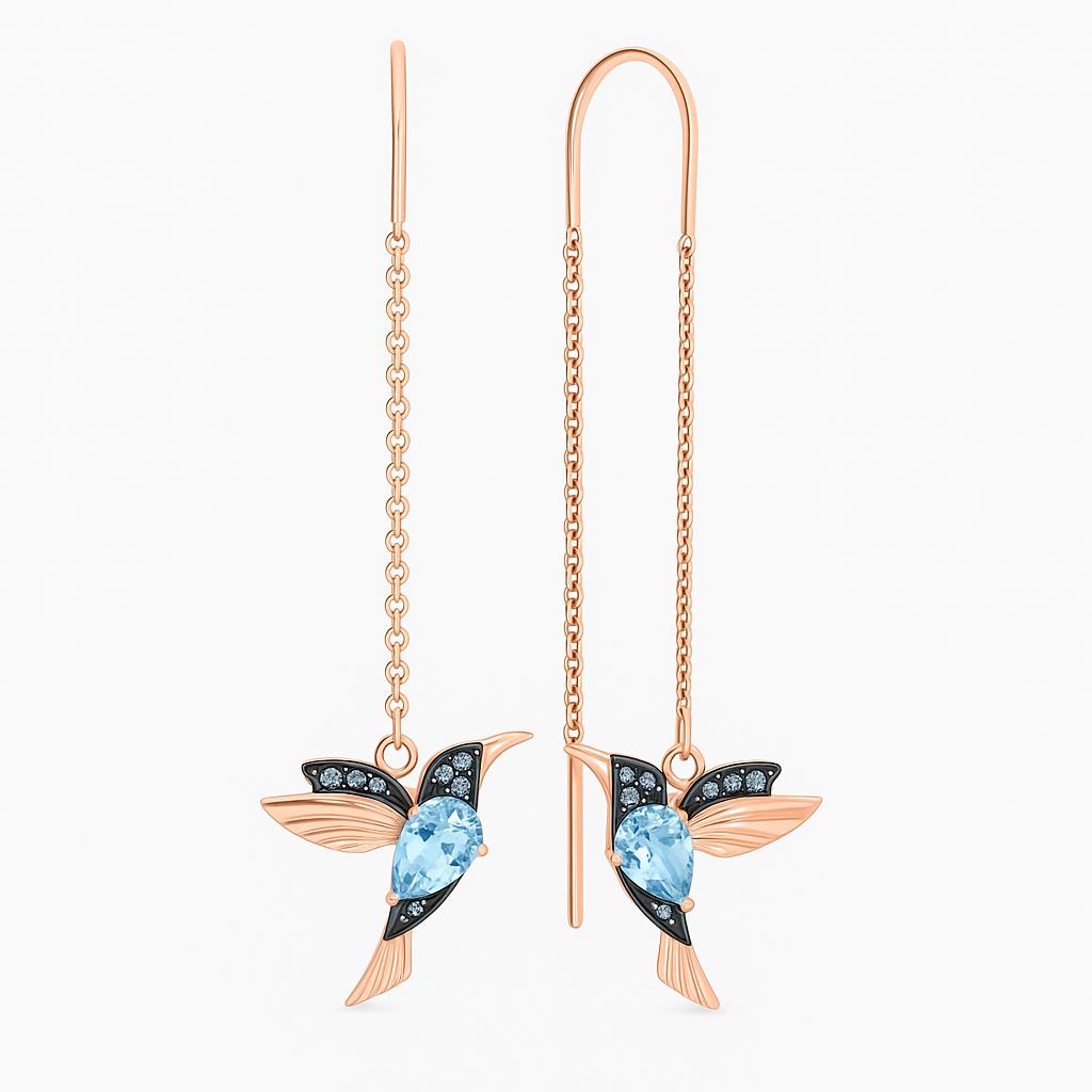 Blue Topaz Hummingbird Threader Earrings | Gold Black Enamel Bird Dangle.