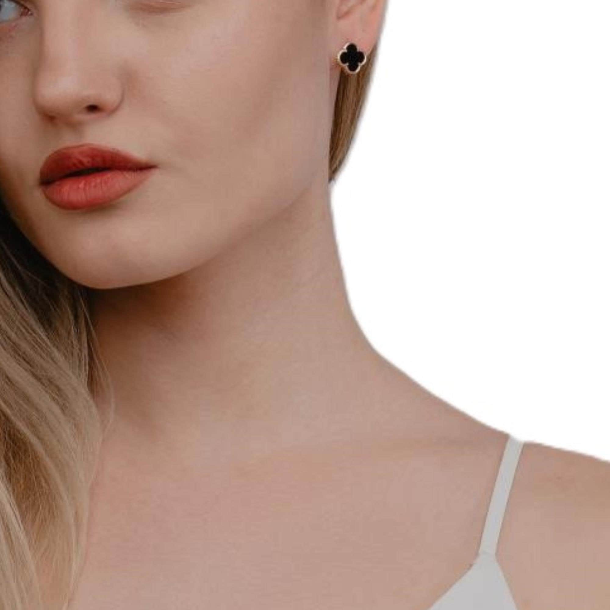 Solid Gold Black Enamel Clover Hoop Earrings, Luxury Four-Leaf Design.