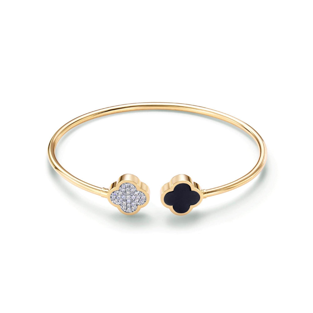 Solid Gold Clover Bangle Black & White Diamond Enamel Cuff