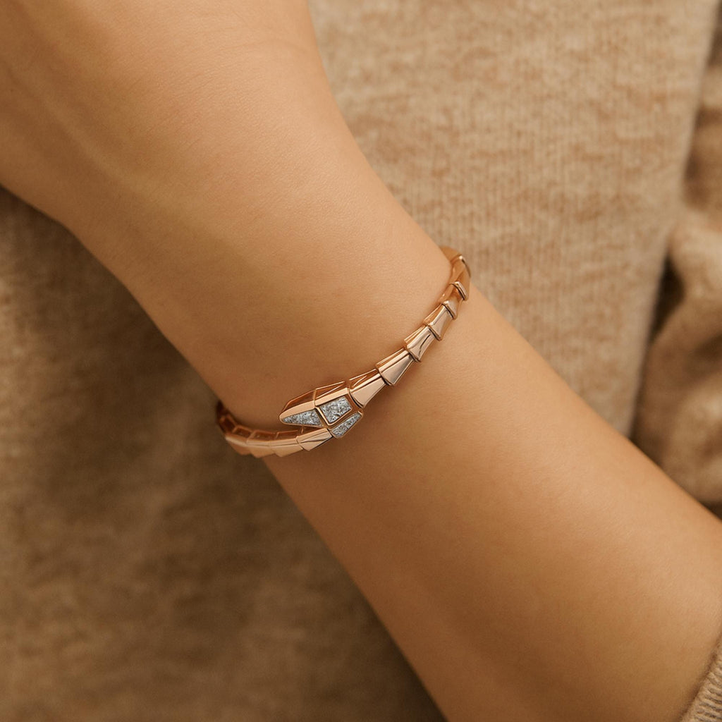 Gold Diamond Serpent Bangle, Flexible Snake Bracelet