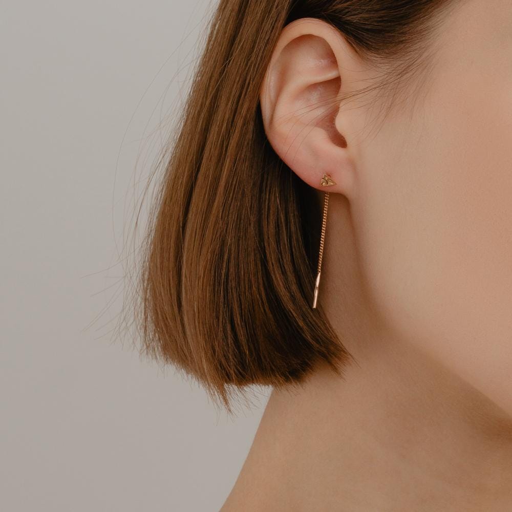 Solid Gold Geometric Triangle Chain Threader Earrings, Dangle Drops.