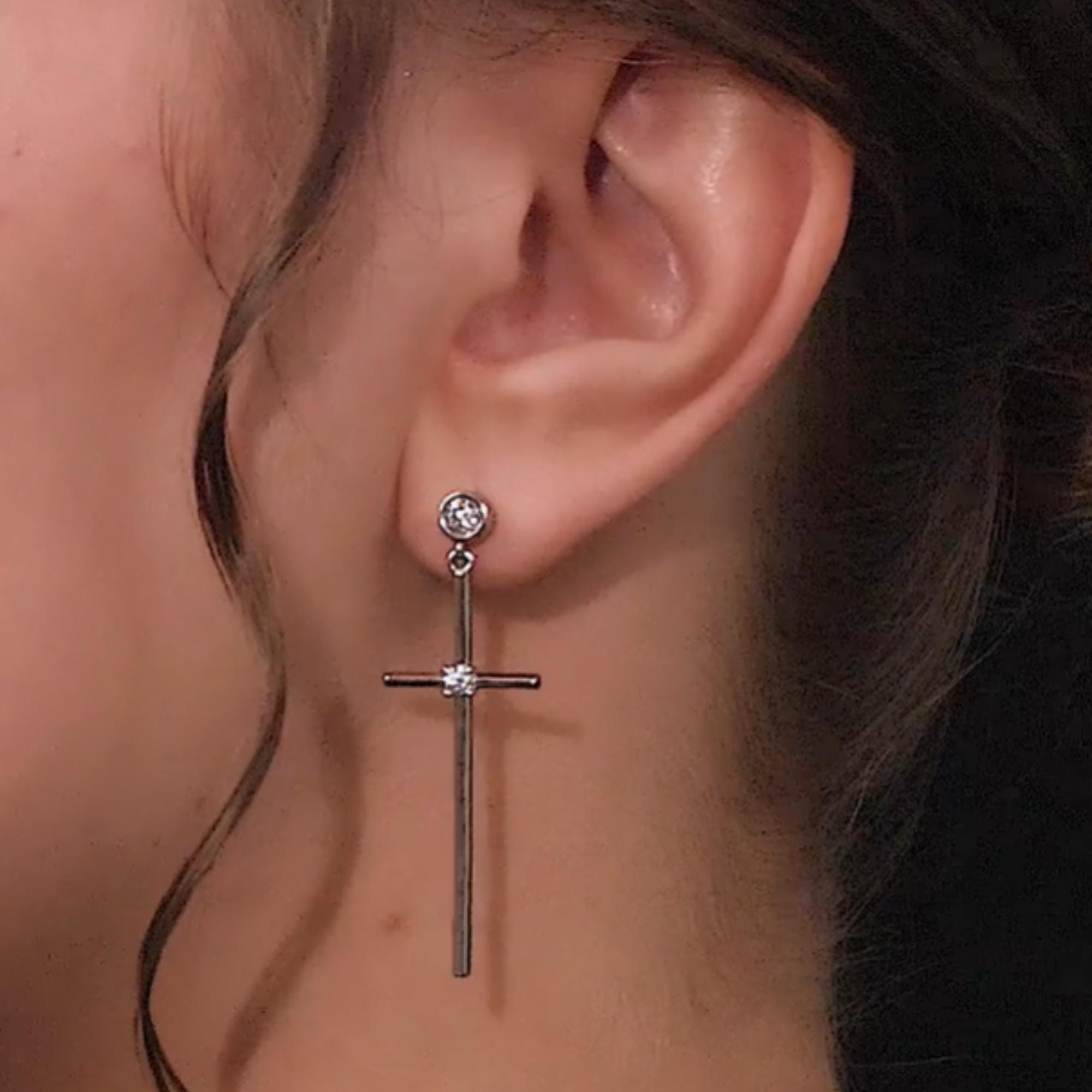 Solid Silver Cross Drop Earrings | Lab Grown Diamond Faith Jewelry