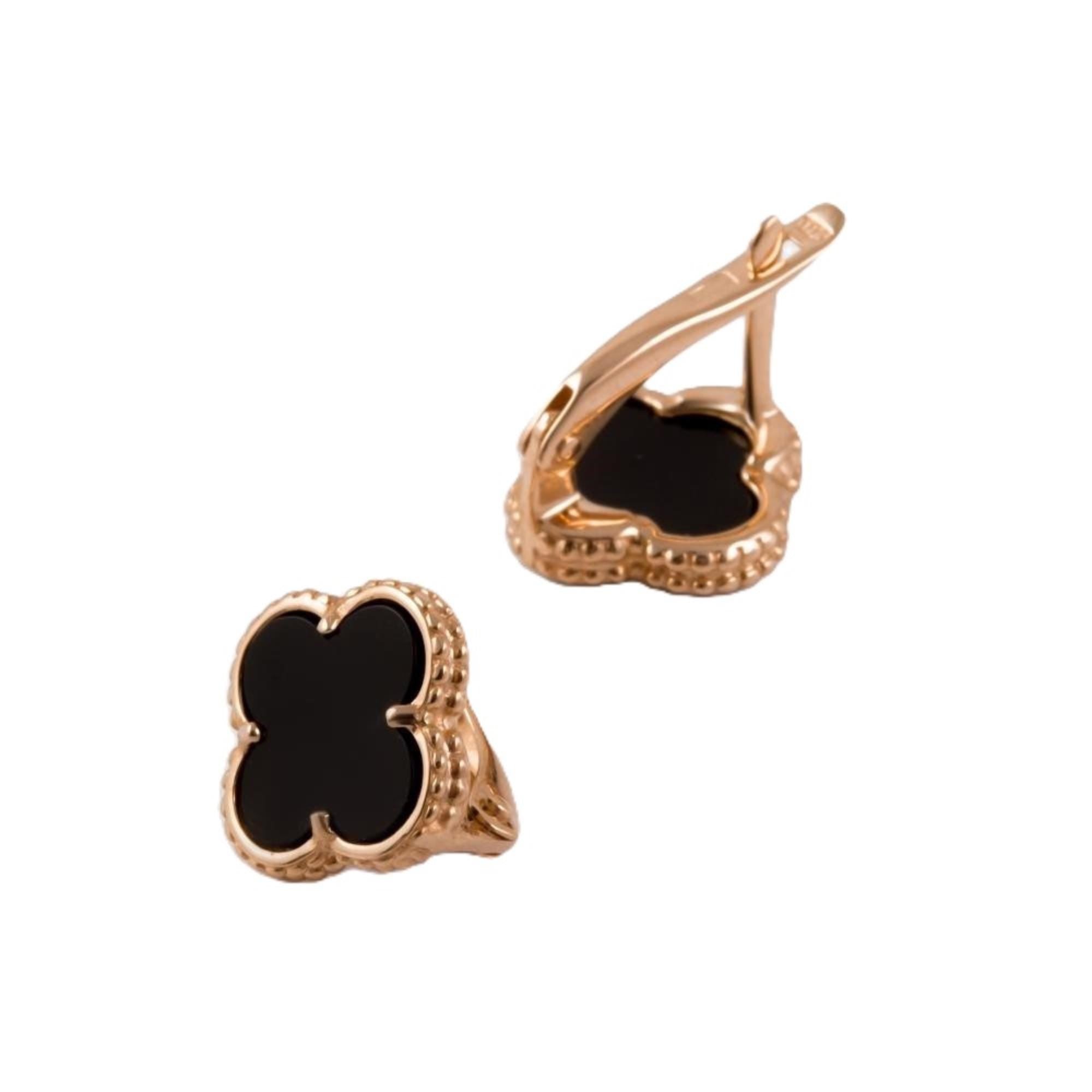 Solid Gold Black Enamel Clover Hoop Earrings, Luxury Four-Leaf Design.