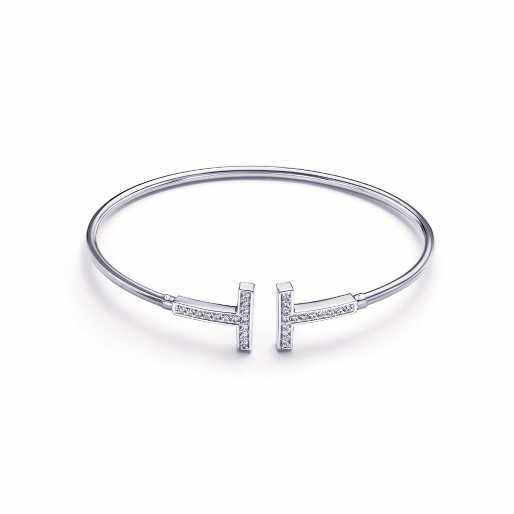 Solid Gold T Bar Diamond Bangle, Minimalist Jewelry.