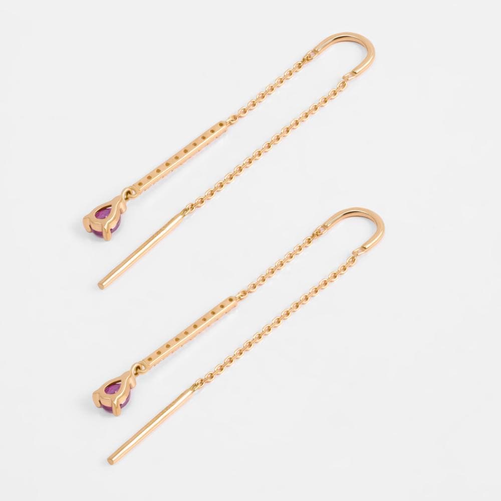 Solid Gold Gemstone Threader Earrings, Diamond Bar Drop.