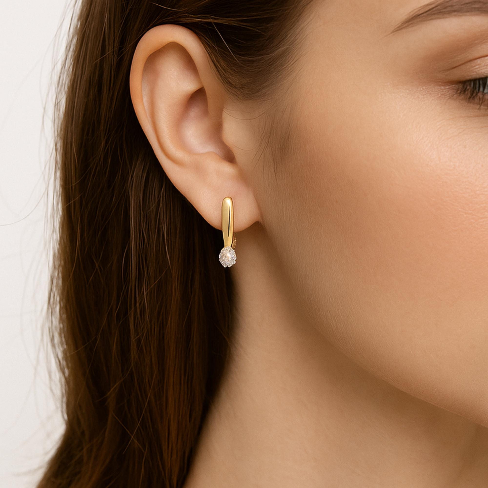 Solid Gold Diamond Flower Hoop Earrings, Modern Cluster Jewelry.