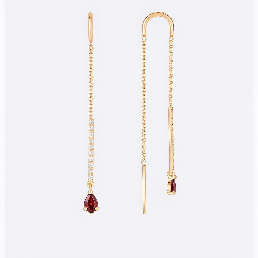 Solid Gold Gemstone Threader Earrings, Diamond Bar Drop.