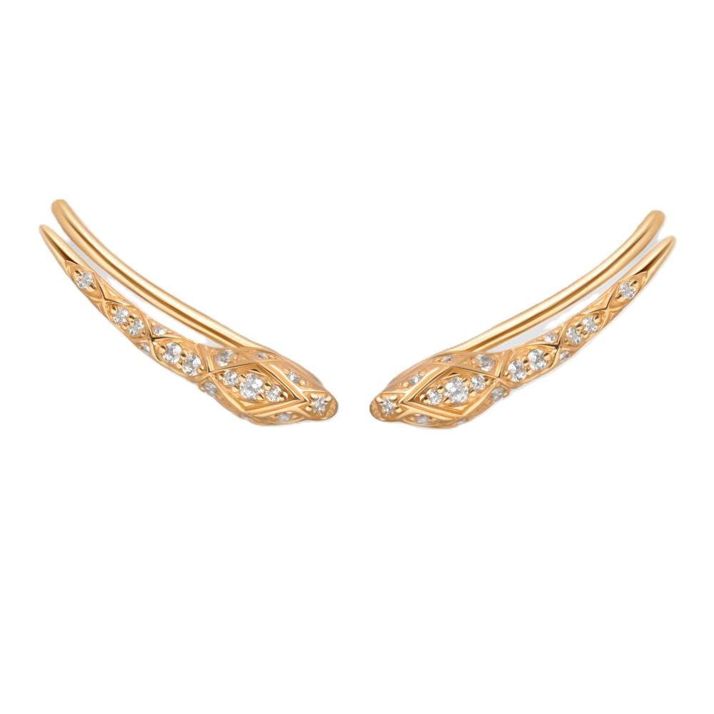 Gold Diamond Snake Climber Earrings, Serpent Ear Crawlers, Elegant Sparkling Wrap Piercing, Modern Fine Jewelry Gift for Women.