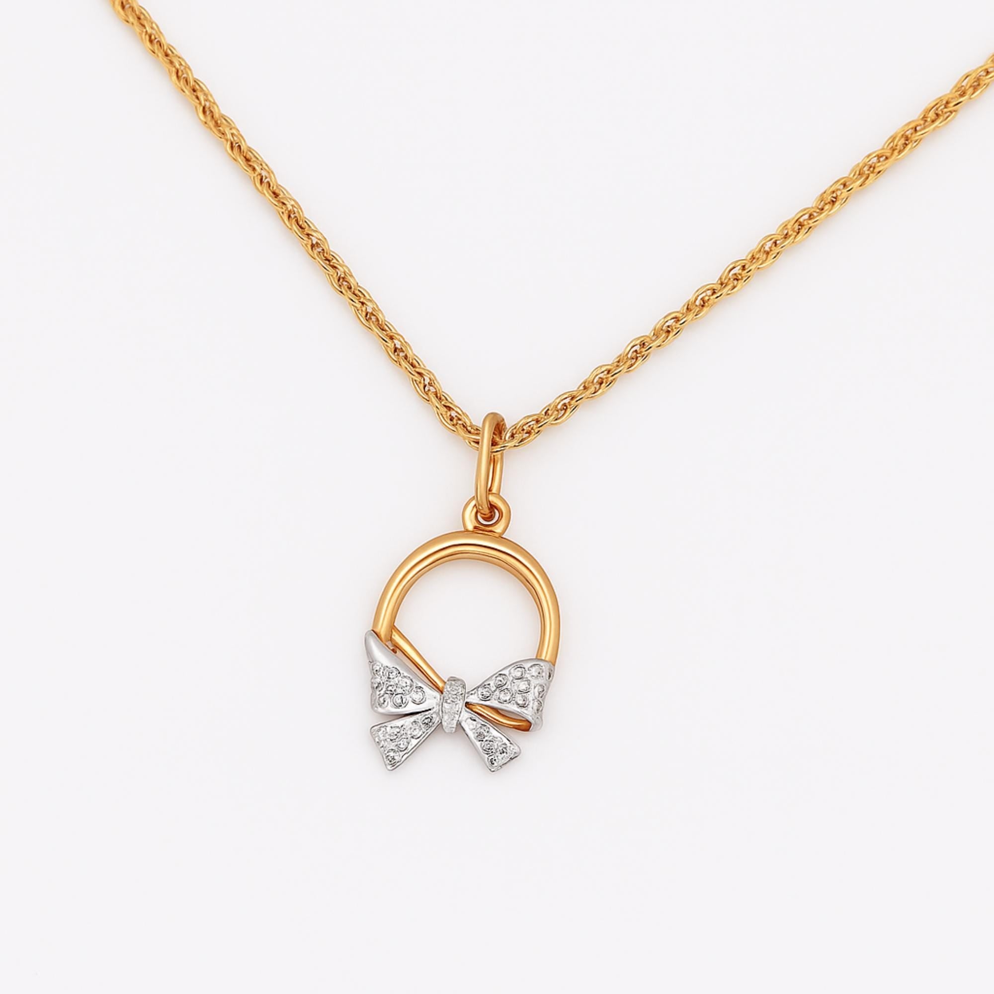 Solid Gold Bow Lab Diamond Pendant 18'' Chain
